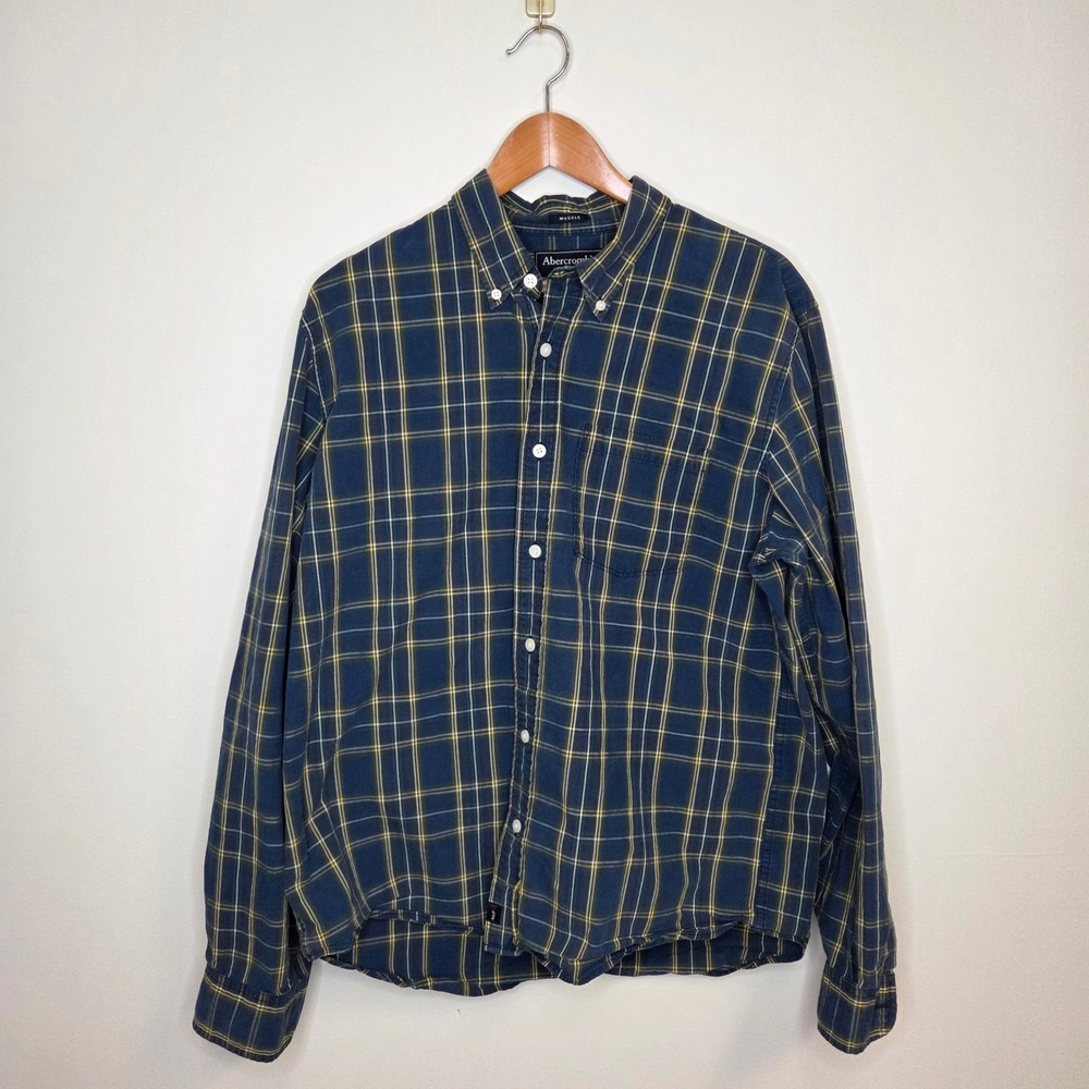 Vintage Y2K Abercrombie & Fitch Mens Muscle Fit Plaid Button Up Blue Yellow L
